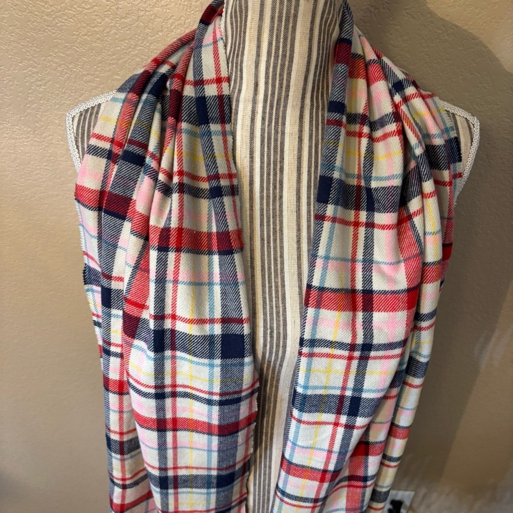 Lands' End Scarf Multicolor Plaid White Blue Red Pink Rope Fringe Cozy Soft - Picture 4 of 10